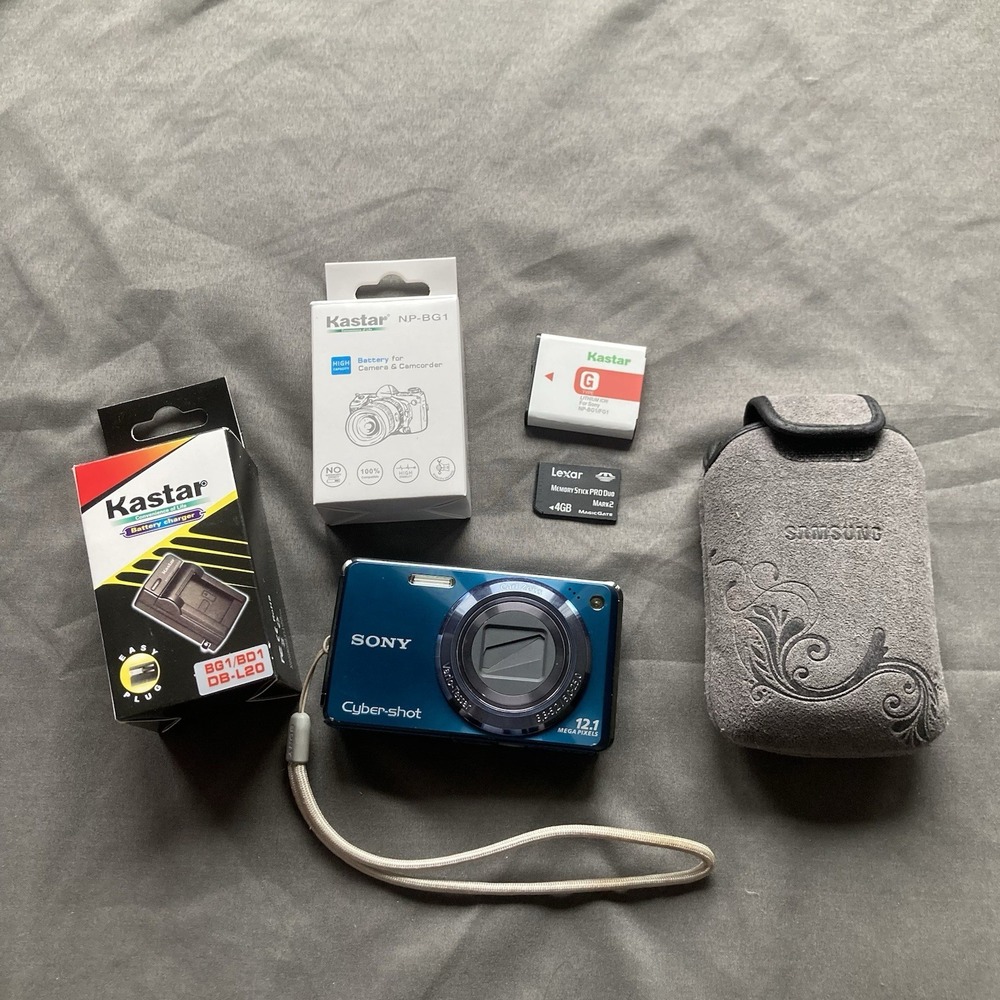 Sony Cyber-shot DSC-W290 12.1MP Digital Camera Blue Battery Charger 4GB Card